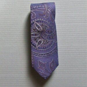 Black Saks Fifth Avenue tie necktie purple silver white silk and viscose paisley